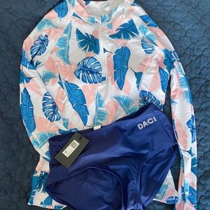 NWT Two Piece Zipper Women Rash Guard with Shorts - Blue & Tropical Palm Print